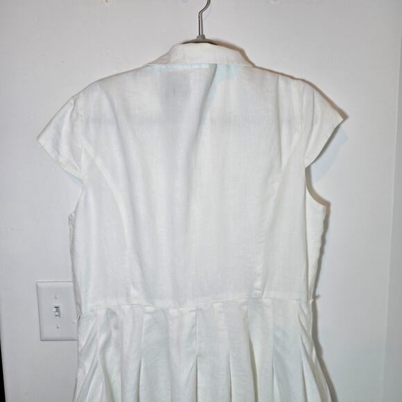 Jones New York Linen Midi Dress Sz 16 Cap Sleeve White Embroidered Button Lined - Picture 7 of 10